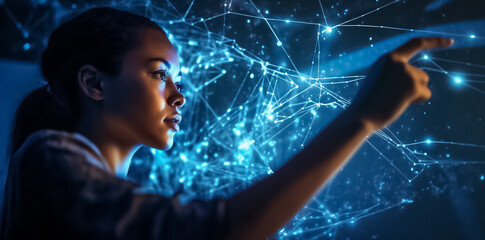 Woman controls hologram technology, handling virtual 3D connection with her hand in dark digital room. generative AI.