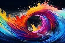 Colorful Paint Splash. Rainbow Splash Wave Design Element On The Black Background, Created With Generative AI Technology