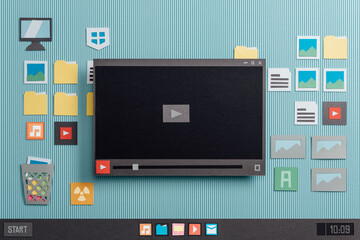Video player software on a computer desktop, paper cut and collage composition