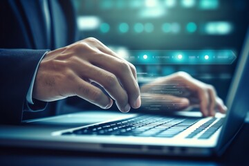 Businessman hand Browsing Internet Data Information Search engine. Networking Concept. Generative AI