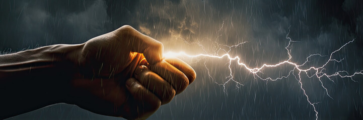 Wall Mural - a hand with a lightning poster with copy space - generative ai
