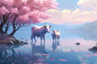 Cows on the river with cherry blossom tree 