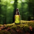 Dropper bottle styled mockup, cosmetic serum oil container template on botanical background with wood and plants, beauty product design-ready packaging