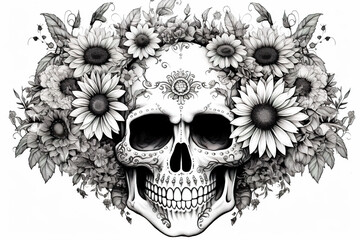 Sticker - A skull with a wreath of sunflowers on its head. Generative AI.