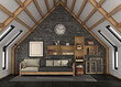Living room in the mansard with sofa and bookcase in rustic style - 3d rendering
