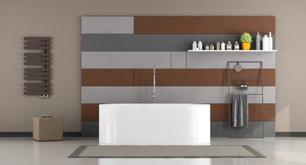 Wall Mural - Gray and brown minimalist bathroom with bathtub - 3d rendering