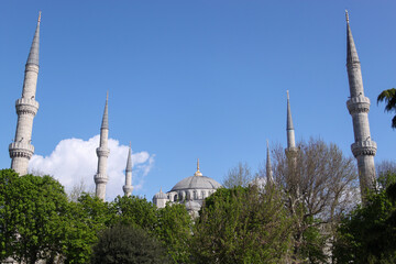 Wall Mural - Blue Mosque at Sunny Day in Istanbul, Turkey on the Background of Trees, Blue Sky and Clouds.