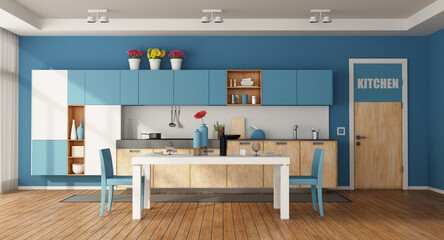 Wall Mural - White and blue modern kitchen with dining table and closed door - 3d rendering