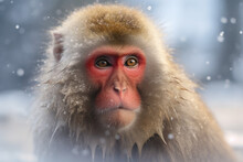 Monkey In Outdoor Onsen With Snow