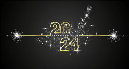 Happy New Year 2024 eve line design loading sparkle firework champagne open golden white black vector wallpaper greeting card