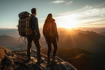 Couple of man and woman hikers on top of a mountain at sunset or sunrise, together enjoying their climbing success and the breathtaking view, looking towards the horizon - Generative AI