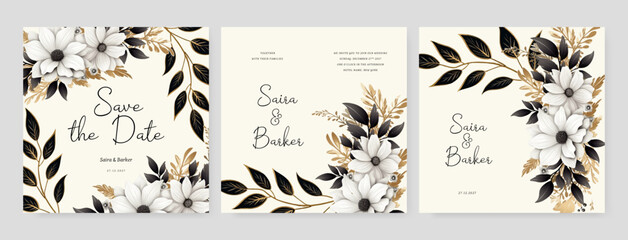 Fototapete - colourful colorful floral flower vector beautiful gold flowers line art on wedding card template watercolor