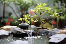 Japanese Zen Garden With Fountain Created With Generative AI Technology