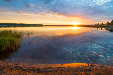 Poster - beautiful scenic lake at dawn, photo in orange color