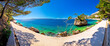 Idyllic islet on Punta Rata beach in Brela panoramic view, Makarska riviera of Dalmatia, Croatia
