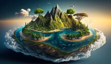 Mystic Haven: An Enchanting Island Above The Clouds. Captivating The Secret Island Seems Like A Magical Retreat Suspended Between The Earthly Realm And The Heavens Above.