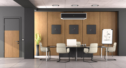 Wall Mural - Black and wooden boardroom with modern office furniture and closed door - 3d rendering