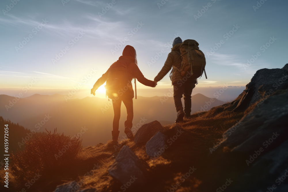 Couple of man and woman hikers on top of a mountain at sunset or ...