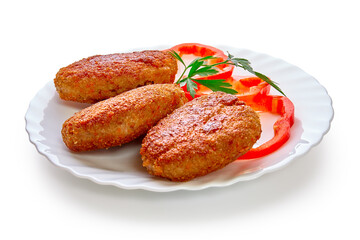 Wall Mural - Three fried breaded cutlet with lettuce and parsley isolated on white background