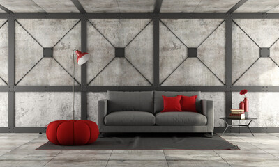 Wall Mural - Modern sofa in a loft with concrete wall and metal beams- 3d rendering