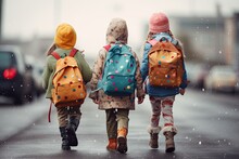 Illustration Of Kids Carrying Schoolbags, Back To School, First Day At School, Dotted Backpacks, Generative AI
