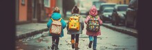 Illustration Of Kids Carrying Schoolbags, Back To School, First Day At School, Dotted Backpacks, Generative AI