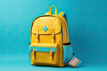 Illustration of yellow backpack full of school supplies on a blue background, coming back to school. Generative AI