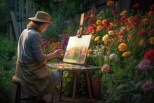 A Woman Sitting In Front Of A Painting On An Ease Surrounded By Flowers And Plants, While She Is Holding A Paintbrush