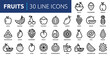 © Icons-Studio - Fruits line icon set. Containing apple, banana, strawberry, cherry, lemon, coconut, peach, watermelon, raspberry, pineapple, orange juice and more. Outline icons collection. Vector illustration.