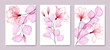 Floral art background with flowers and leaves in pink and purple colors in a transparent watercolor style. Botanical vector set of posters for interior design, print, wallpaper, textile, packaging.