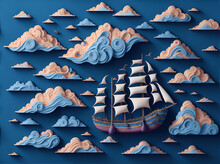 Intricate Paper Art Depicts A Pirate Boat Sailing Through A Sea Of Clouds Capturing The Whimsical And Adventurous Spirit Of A High Seas Voyage Amidst A Dreamlike Sky.