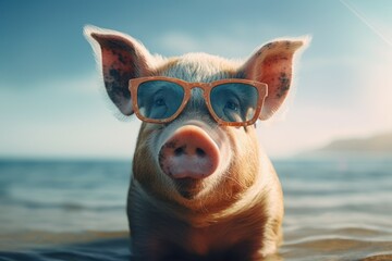 Wall Mural - Funny cute pig in sunglasses with happy emotion. AI generated, human enhanced