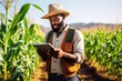 © top images - A farmer with a tablet is watching his harvest. The concept of modern farming using drones and gadgets. AI generated