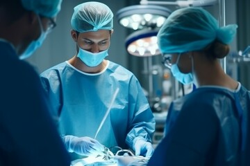 Canvas Print - Doctors surgeons in the operating room of the hospital. Background with selective focus and copy space. AI generated