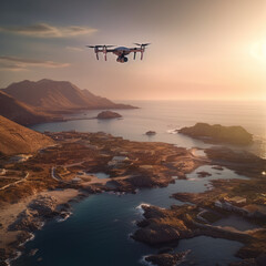 Wall Mural - Drone flying In the sky with a dramatic background