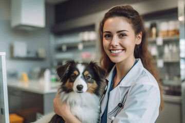 A female friendly veterinary doctor is tending to a puppy dog patient in a veterinary clinic