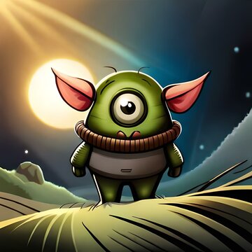 Digital art of a cute, little green monster with big ears and one eye.