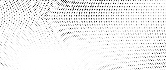Wall Mural - Radial halftone dots. Dotted stains gradient background. Concentric comic texture with fading effect. Black and white rough gritty wallpaper. Grunge monochrome spotted pop art backdrop. Vector
