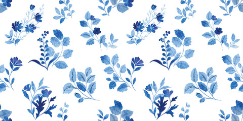 Wall Mural - seamless Indigo blue flower and leaf decoration with water color texture. 