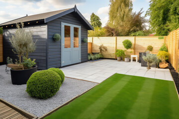 a general view of a back garden with artificial grass, grey paving slab patio, flower bed with plant