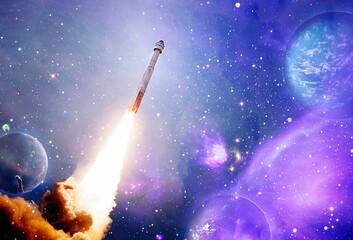 Wall Mural - dark space shuttle launch in the clouds with stars on background.spaceship flight. elements of this 