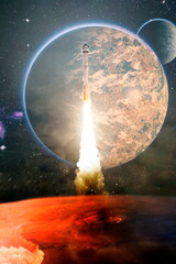 Wall Mural - dark space shuttle launch in the clouds with stars on background.spaceship flight. elements of this 