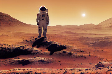 Sticker - Ravishing digital illustration of Mars landscape feature with red surface and mountain with astronaut. Space exploration and martian on red planet concept by generative AI.