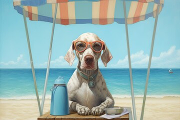 Wall Mural - Dog with sun glasses on vacation on the beach, ai generative