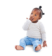 African, children and surprise with a girl baby isolated on a transparent background for child development. Kids, wow and innocent with a cute female infant sitting on PNG in a casual outfit