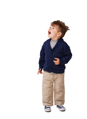 boy, child and surprise is looking up with shock in png or isolated in transparent background. wow, 
