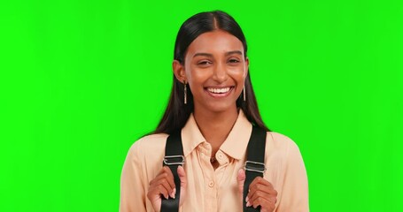 Wall Mural - Green screen, happy Indian girl or face of student excited for school success on studio background. Portrait, future or female pupil with smile, knowledge or college education for growth development