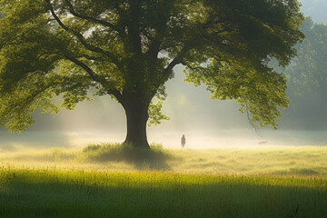 Wall Mural - a large tree in the middle of a field with fog and sun shining through the leaves on the trees branches