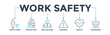 © Diyah - Work safety banner web icon vector illustration for occupational safety and health at work with safety first, protection, regulations, hazards, health, and insurance icon