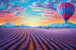 watercolor Landscape Lavender fields in France and a hot air balloon illustration